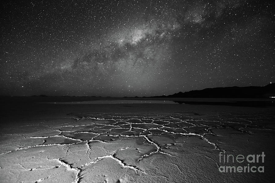 Black And White Photograph - Salar de Uyuni Textures and Milky Way in Monochrome Bolivia by James Brunker