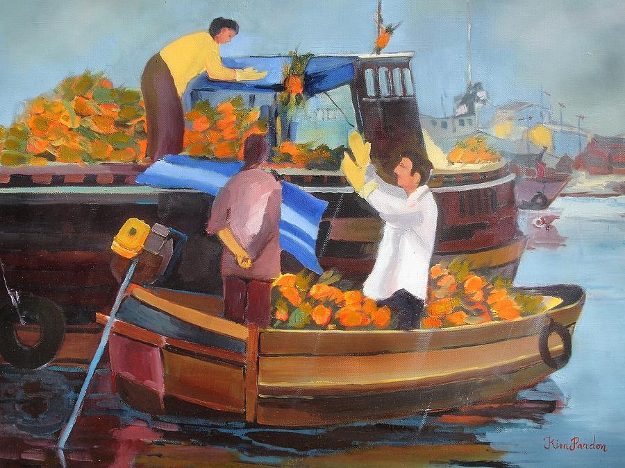 Sale of pineapples on floating market Painting by Kim PARDON
