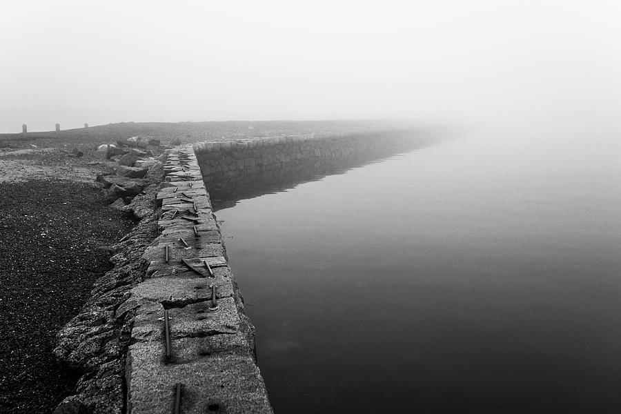 Salem Derby Wharf Disappearing  into Nothingness Foggy Day in Salem MA Black and White Photograph by Toby McGuire