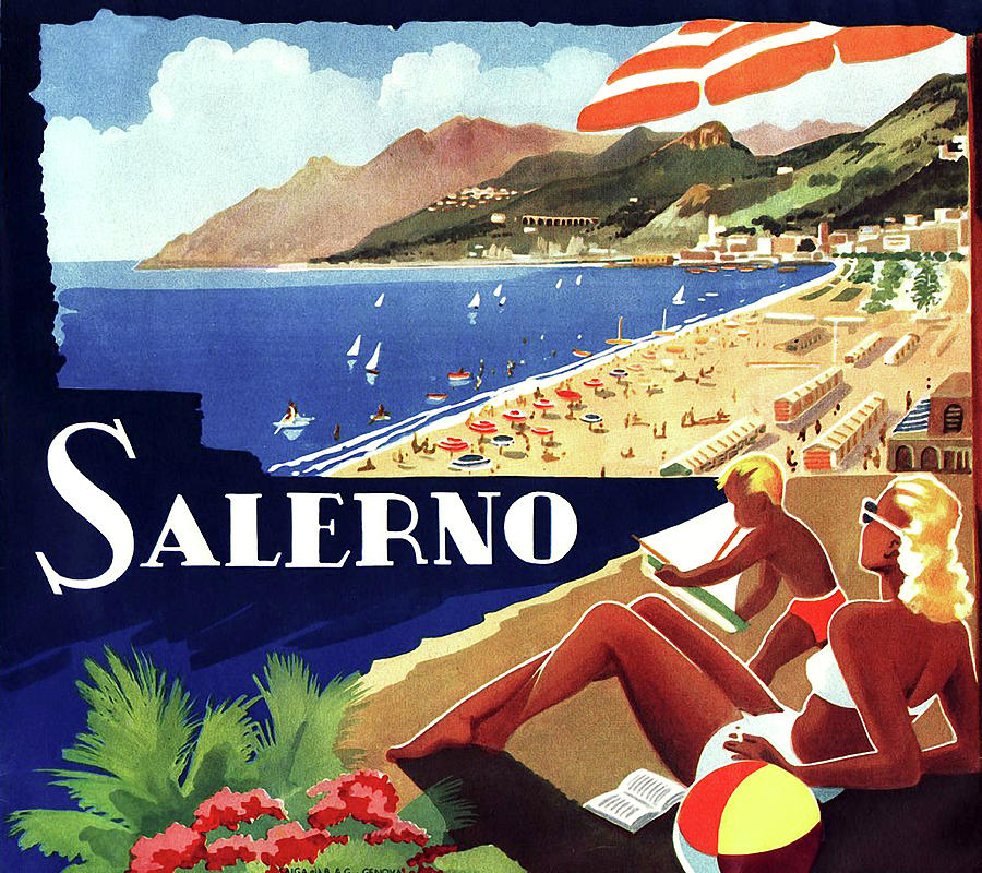 Salerno beach, Italy, vintage travel poster Painting by Long Shot