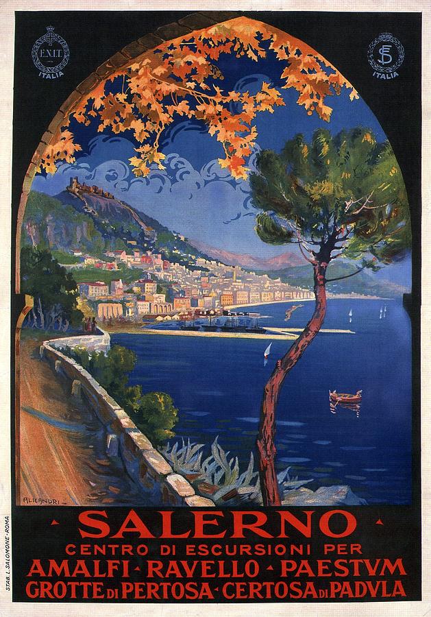 Vintage Mixed Media - Salerno - Centro Di Escursioni Per Amalfi - Ravello - Paestvm - Retro travel Poster - Vintage Poster by Studio Grafiikka