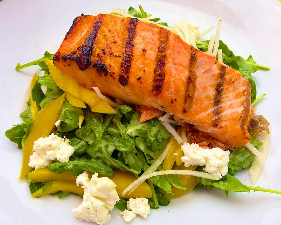 Salmon Arugula Salad with Mango and Goat Cheese Photograph by Polly Castor