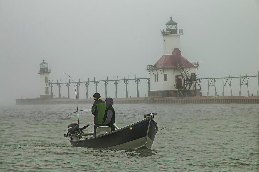 Salmon Fishermen in the Fog by the St. Joseph Lighthouse Photograph by Randall Nyhof