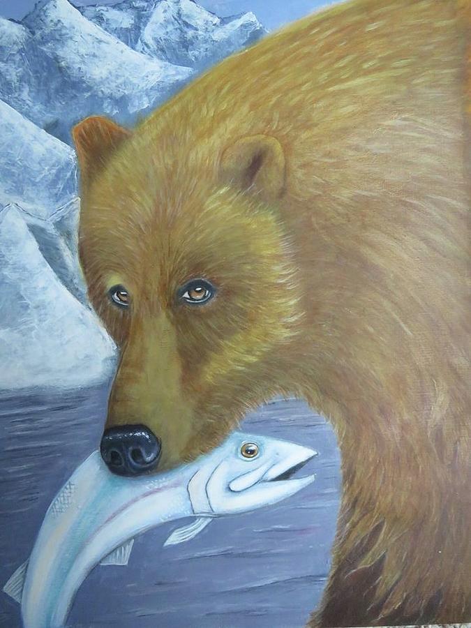 Salmon Painting - Grizzly hunting by Mo Lee