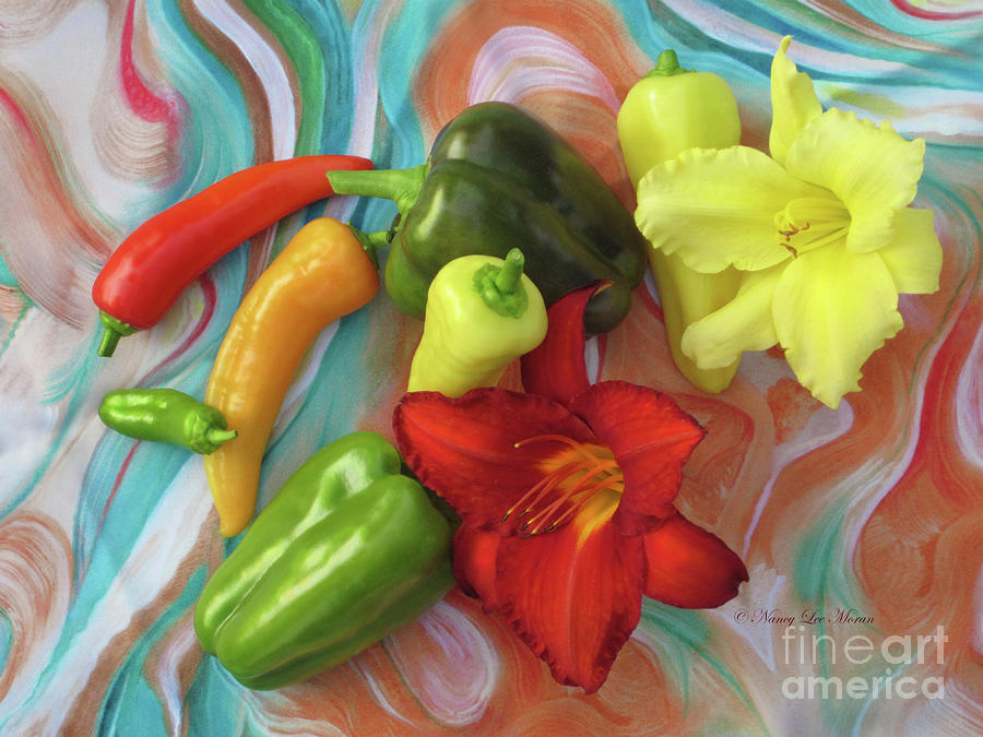 Salsa Peppers and Two Daylilies on Marbleized Silk Photograph by Nancy Lee Moran