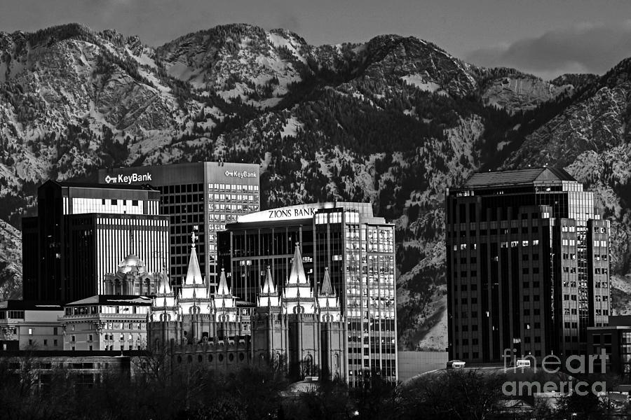 Salt Lake City Downtown Winter Skyline - Black and White Photograph by Gary Whitton