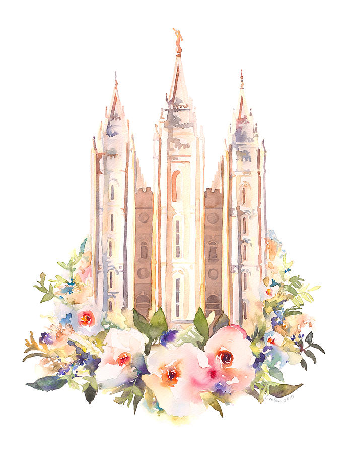 Flower Painting - Salt Lake City Temple with Flowers by Tausha Schumann