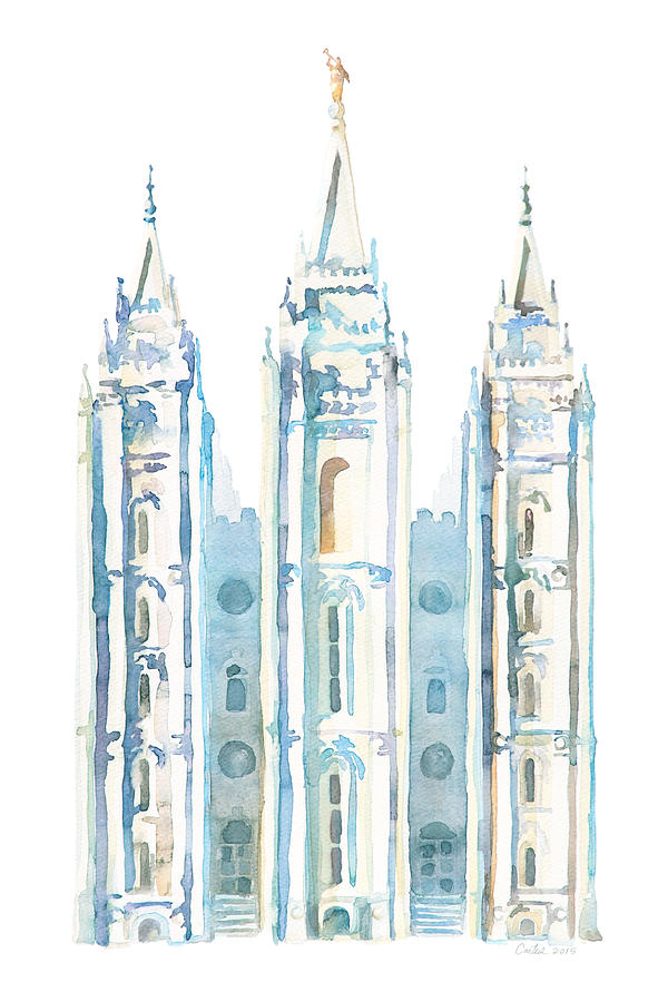 Salt Lake City Temple Painting - Salt Lake City Watercolor Blue by Tausha Schumann