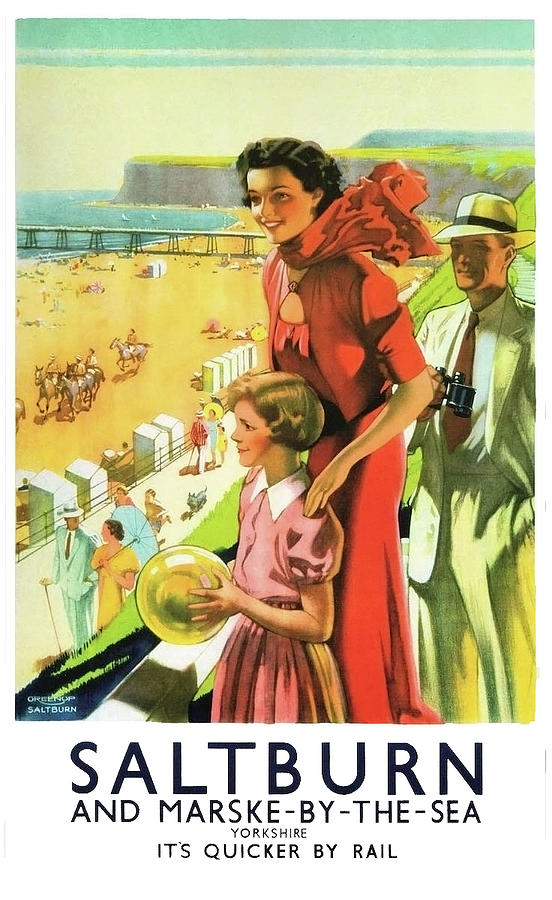Vintage Painting - Saltburn, Yorkshire, beach, happy family, poster by Long Shot