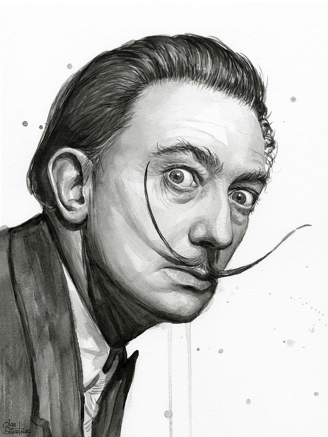 Salvador Dali Painting - Salvador Dali Portrait Black and White Watercolor by Olga Shvartsur