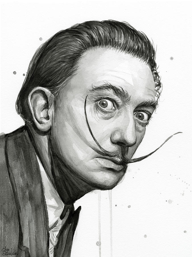 Black And White Painting - Salvador Dali Portrait Black and White Watercolor by Olga Shvartsur