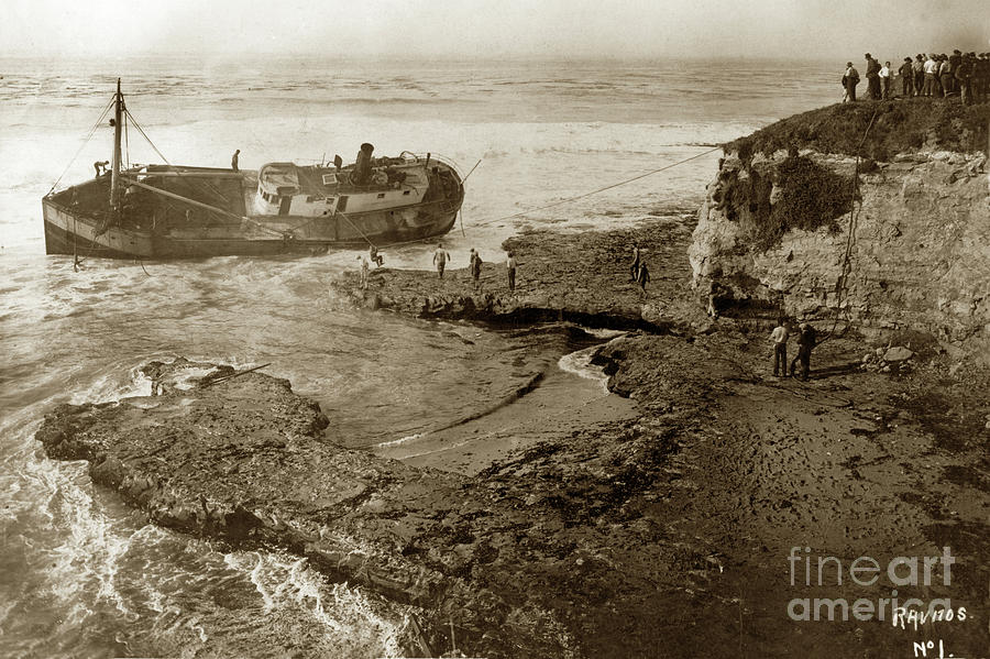 Salvaging Photograph - Salvaging the shipwreck of the coastal freighter La Feliz Oct. 1 1924 by Monterey County Historical Society