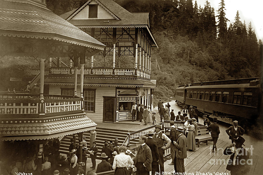 Train Photograph - Sampling Shasta Water with Some Passengers that disembark the train 1906 by Monterey County Historical Society