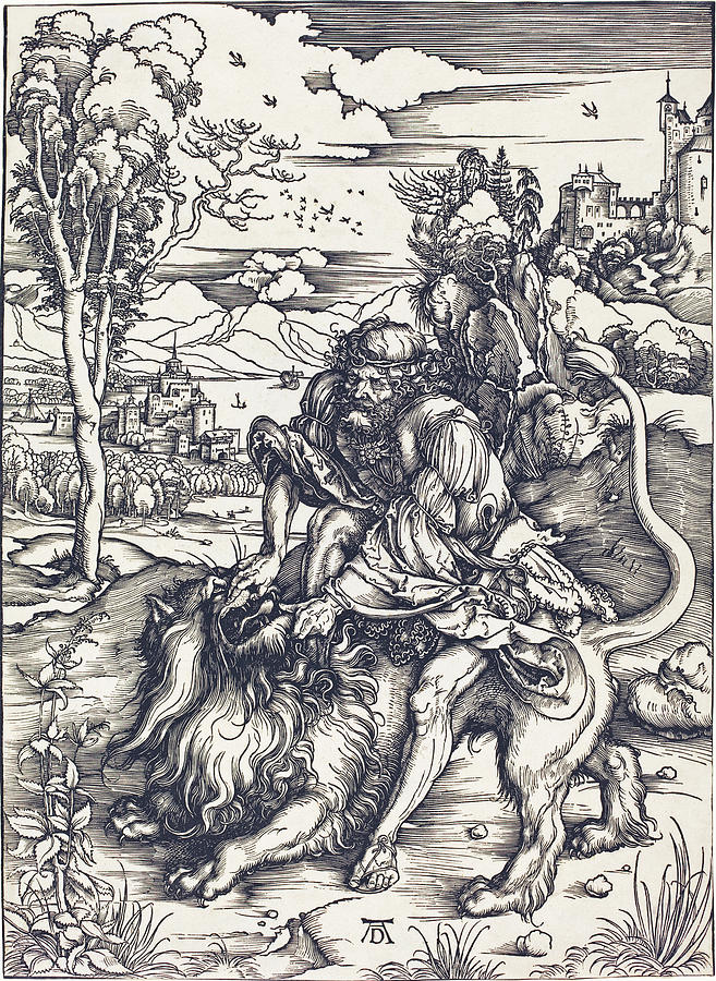 Samson Fighting with the Lion Drawing by Albrecht Durer