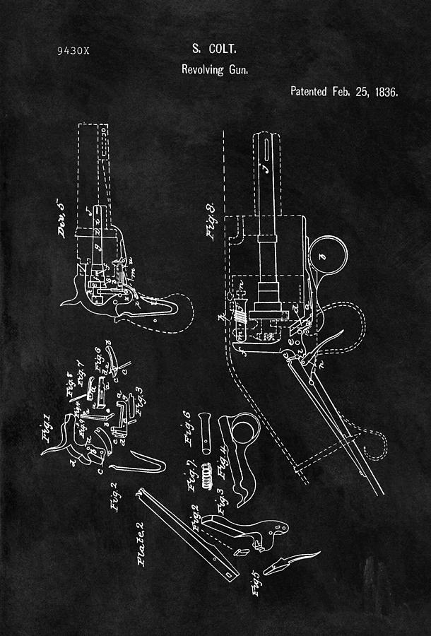 Colt Revolver Drawing - Samuel Colt 1836 Revolver Patent by Dan Sproul Colt Revolver Drawing - Samuel Colt 1836 Revolver Patent by Dan Sproul