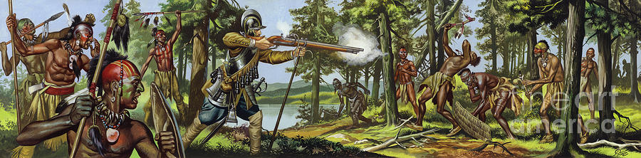 Samuel De Champlain helping his Algonquin allies in a raid against their old enemies, the Iroquois Painting by Ron Embleton