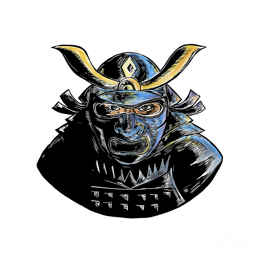 Woodcut Digital Art - Samurai Wearing Armor Mask Mempo Woodcut by Aloysius Patrimonio
