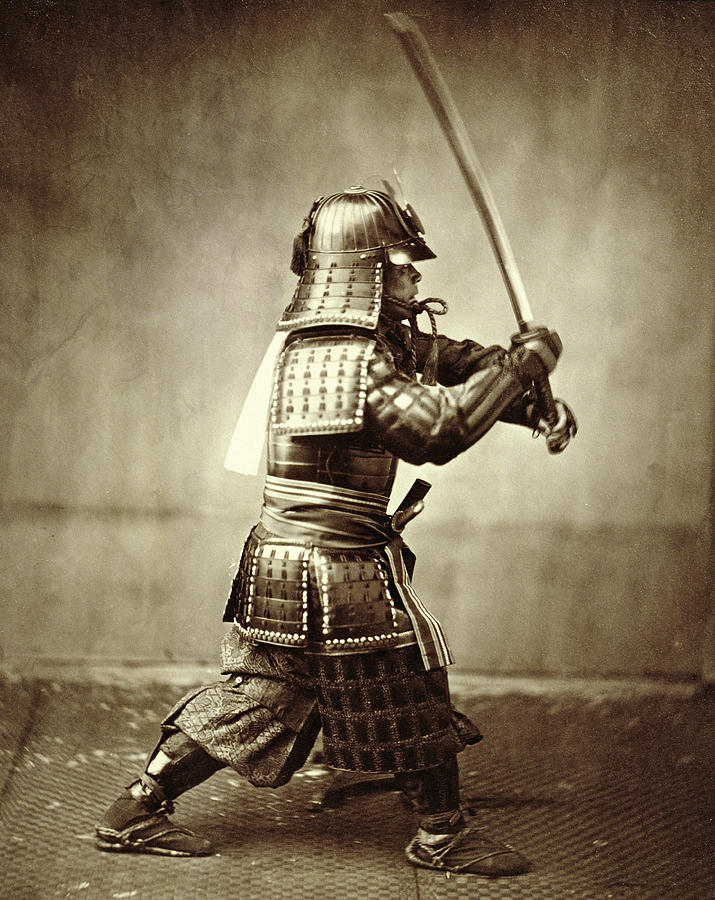 Portrait Photograph - Samurai with raised sword by F Beato