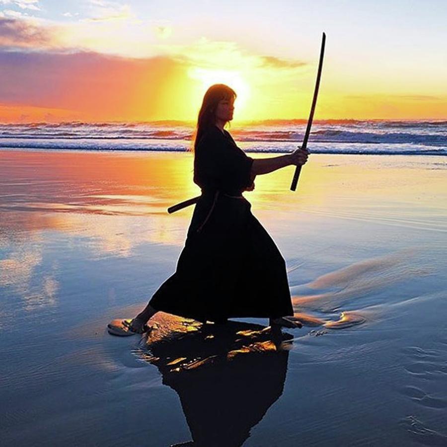 Nature Photograph - Samurai Woman On The Beach At Sunset by Worldfotoart  Masselink