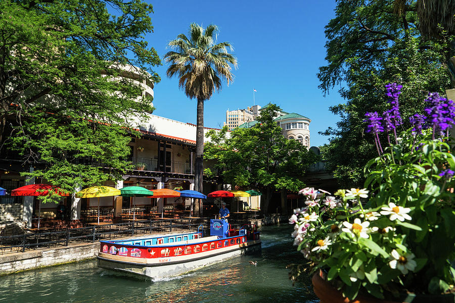 San Antonio River Walk Boat and Flowers Photograph by Lawrence S Richardson Jr