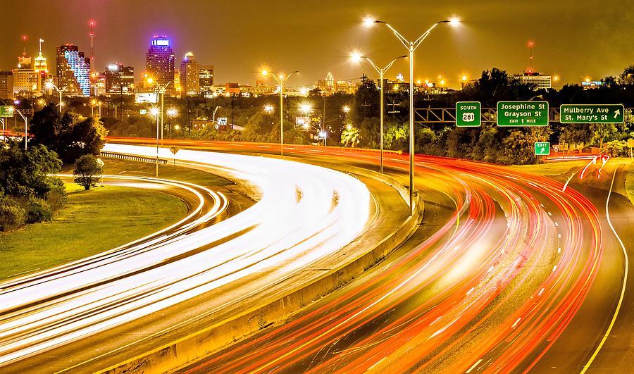 San Antonio Texas Cityscape Skyline And Traffic Commute At Night Photograph by Alex Grichenko