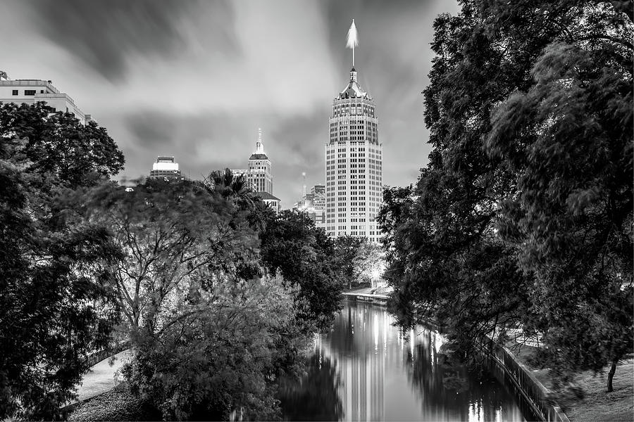 San Antonio Texas Cityscape Skyline at Dawn - Black and White Photograph by Gregory Ballos