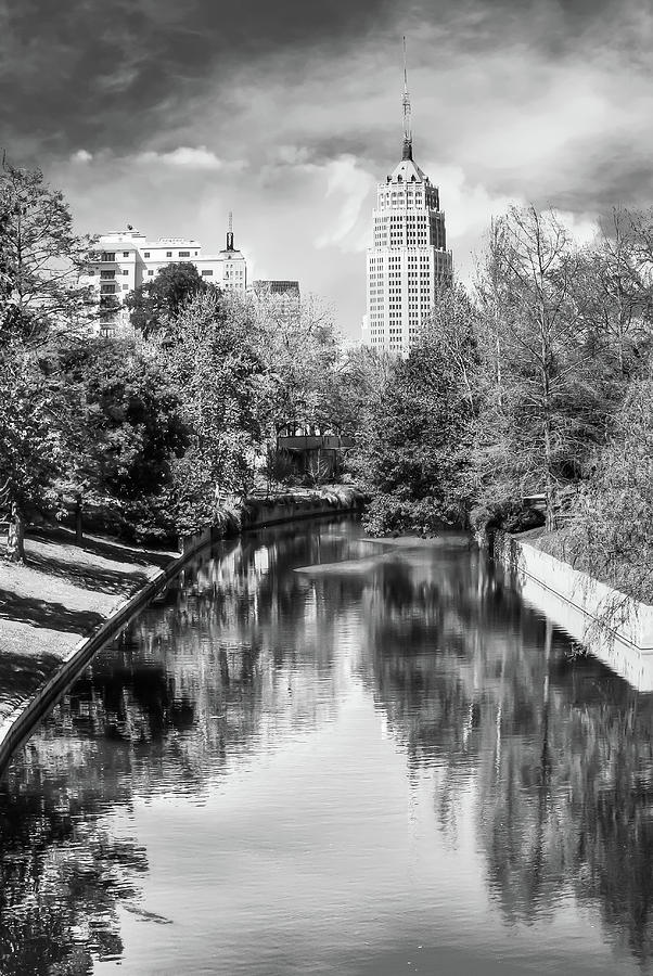 San Antonio Texas Downtown City Skyline on the Water - Black and White Photograph by Gregory Ballos