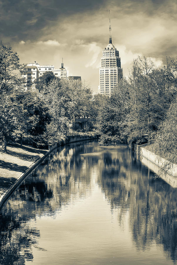 San Antonio Texas Downtown City Skyline on the Water - Sepia Photograph by Gregory Ballos