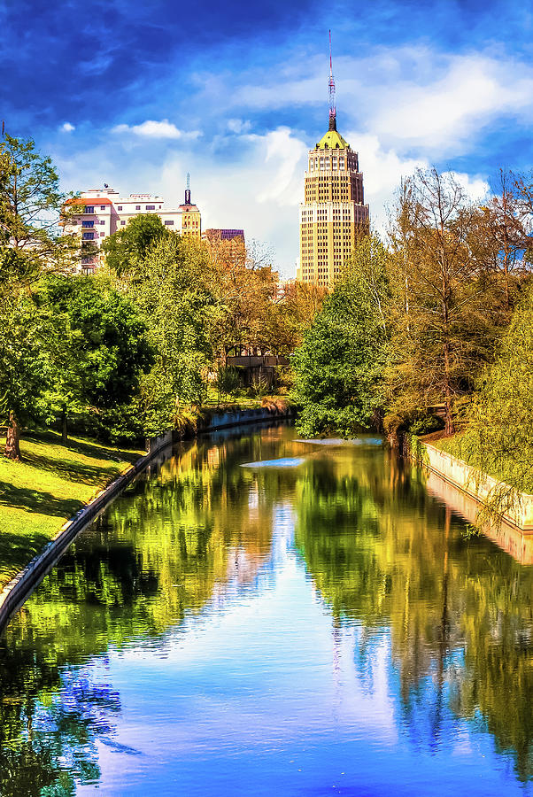 San Antonio Texas Downtown City Skyline On The Water - Vibrant Color Photograph