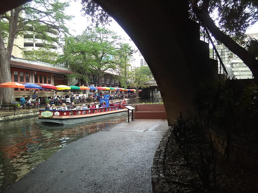 San Antonio, Texas River Walk Umbrellas With Tourist Riverboat Photograph