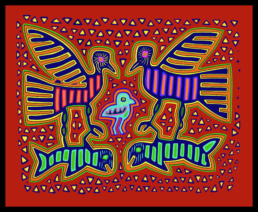 San Blas Kuna Bird Family with Fish Digital Art by Vagabond Folk Art - Virginia Vivier
