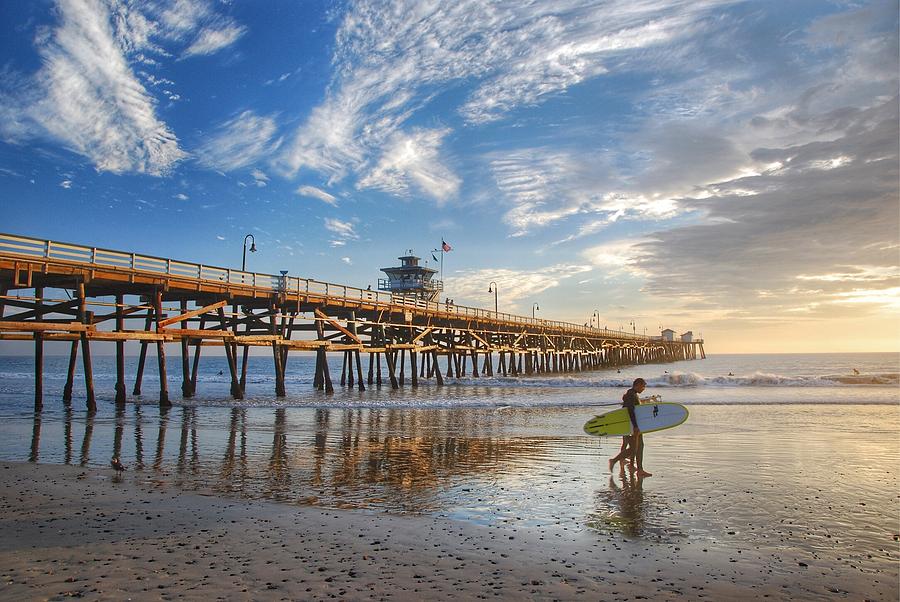 Beach Photograph - San Clemente Pier and Surfers by Hal Bowles