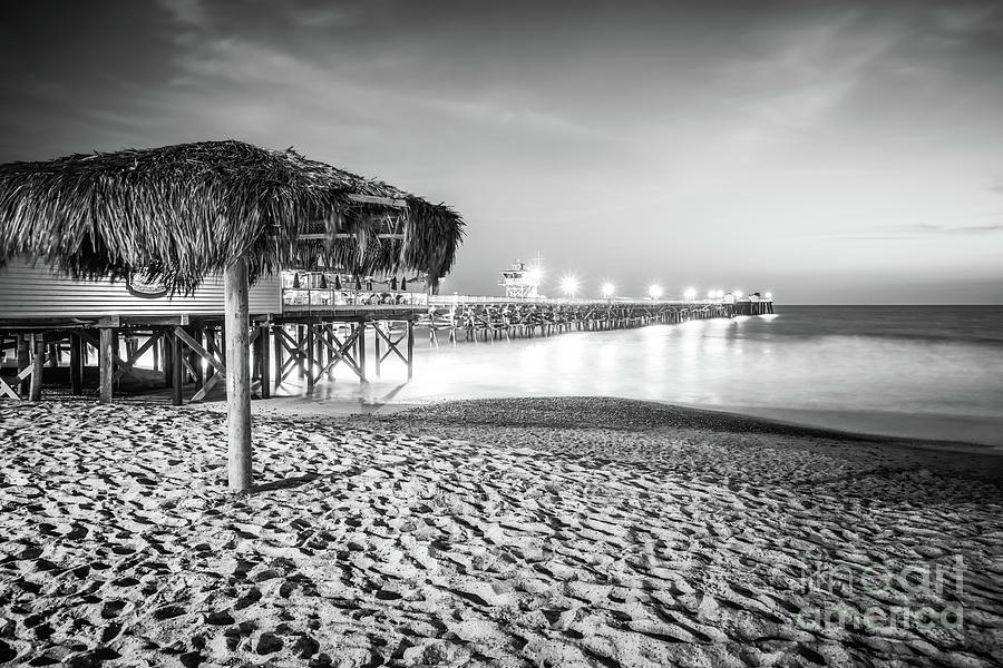 San Clemente Pier Night Black and White Photo Photograph by Paul Velgos