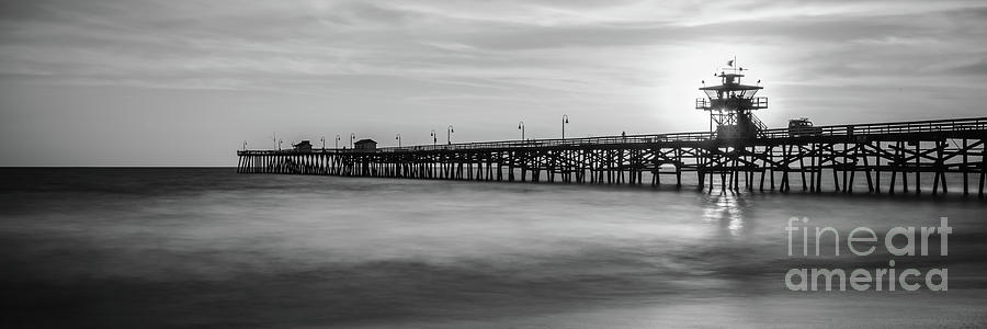 San Clemente Pier Sunset Black and White Panorama Photograph by Paul Velgos