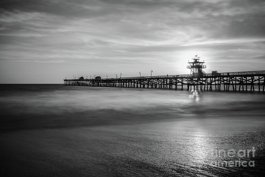 San Clemente Pier Sunset Black and White Photography Photograph by Paul Velgos