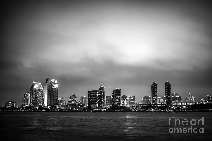 San Diego At Night Black And White Photo Photograph