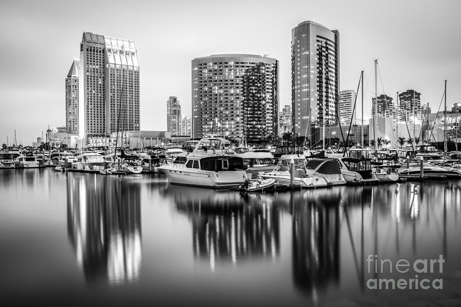 San Diego at Night Black and White Picture Photograph by Paul Velgos