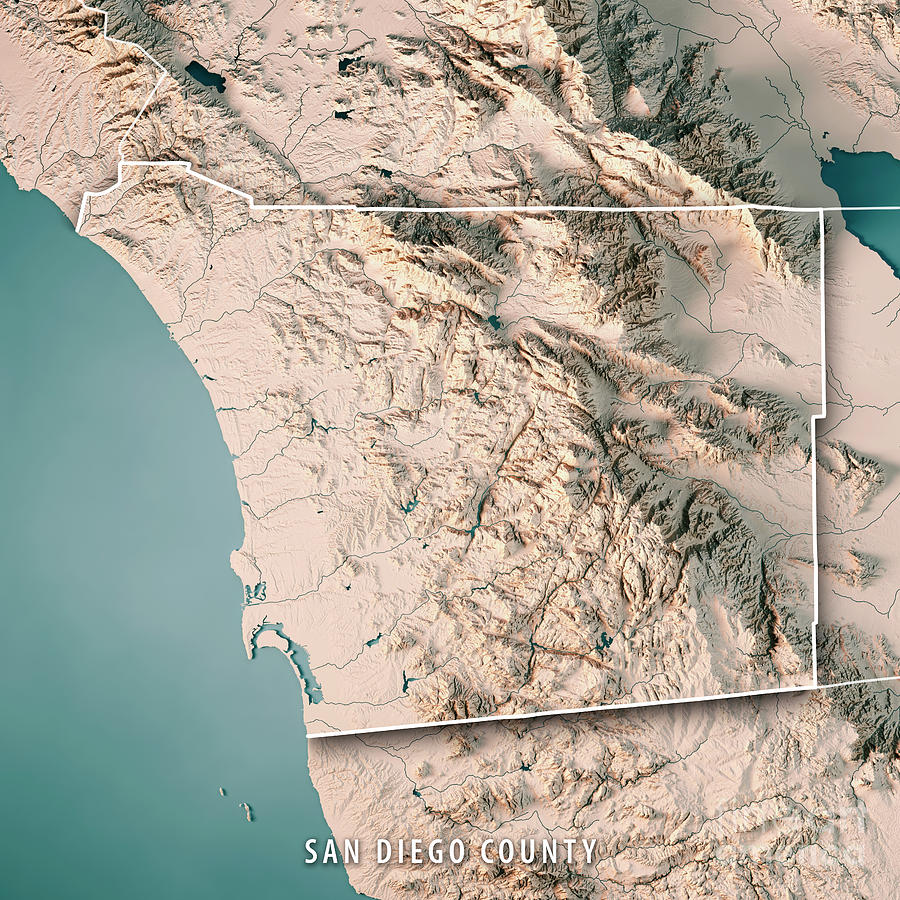 San Diego County California Usa 3d Render Topographic Map Neutra Digital Art By Frank Ramspott 0370