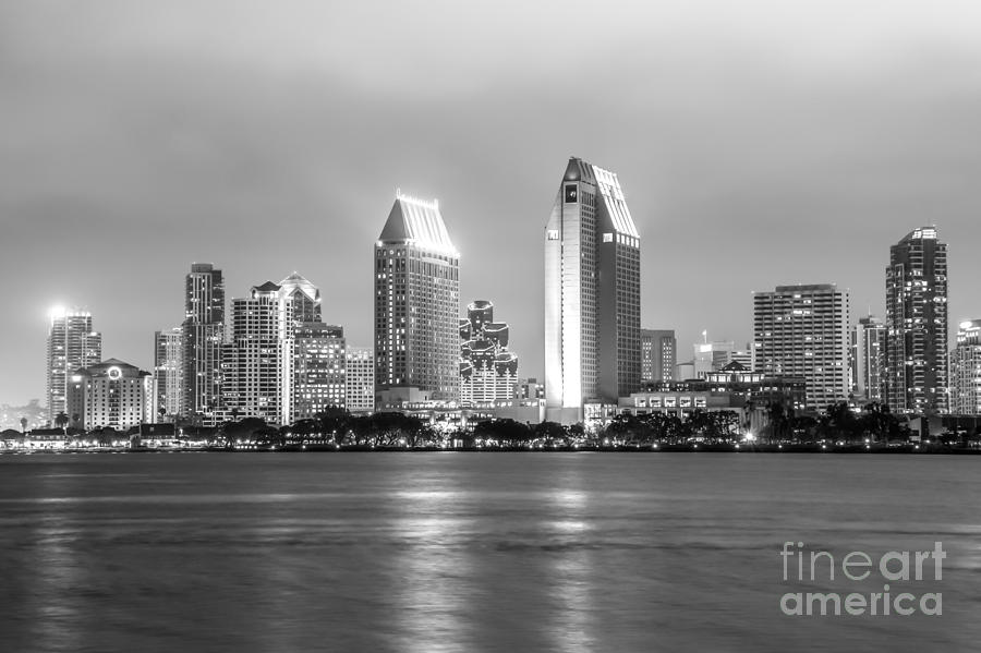 San Diego Skyline At Night Black And White Photo Photograph
