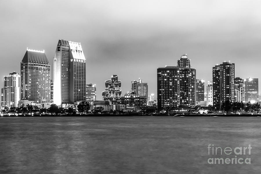 San Diego Skyline At Night Black And White Picture Photograph