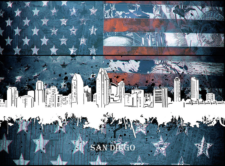 San Diego Skyline Usa Flag 2 Digital Art