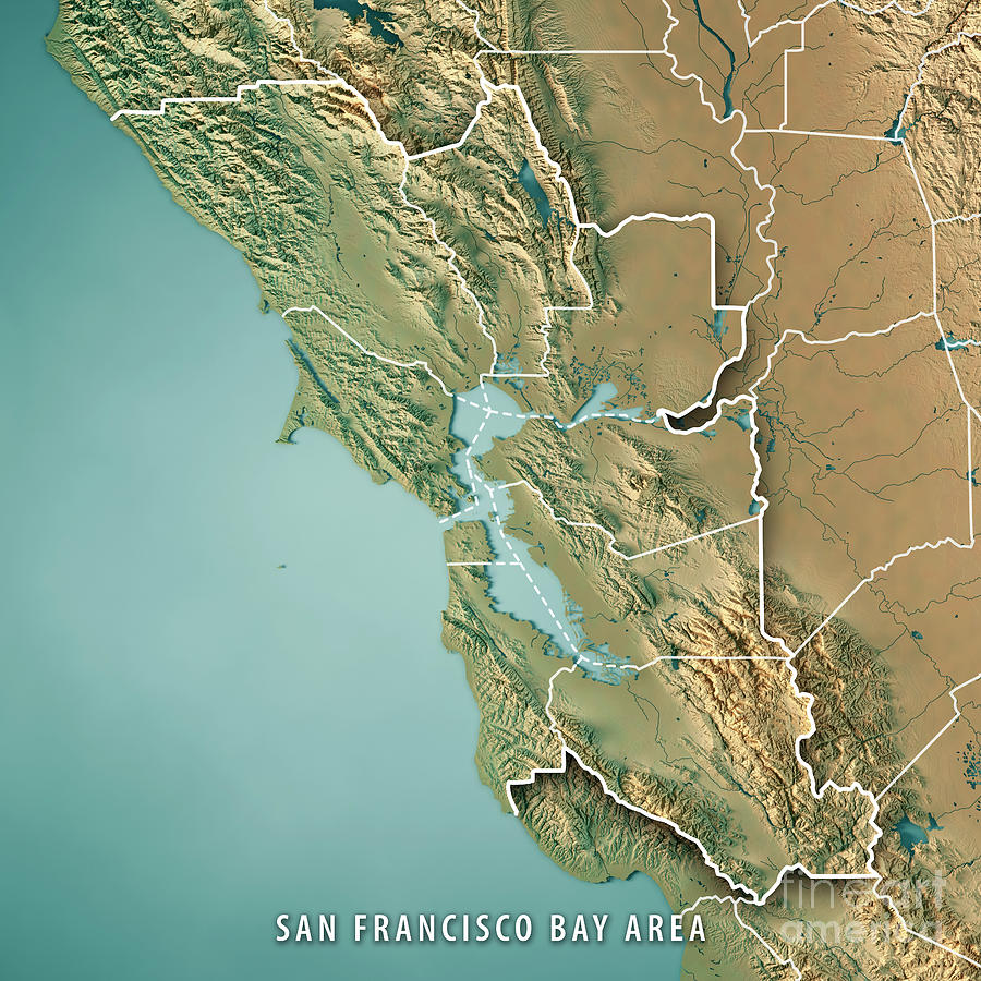 San Francisco Digital Art - San Francisco Bay Area USA 3D Render Topographic Map Border by Frank Ramspott