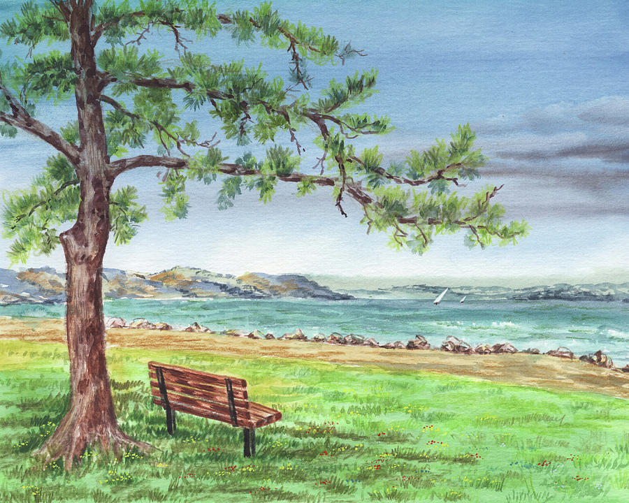 San Francisco Bay Shore Watercolor Landscape Painting by Irina Sztukowski