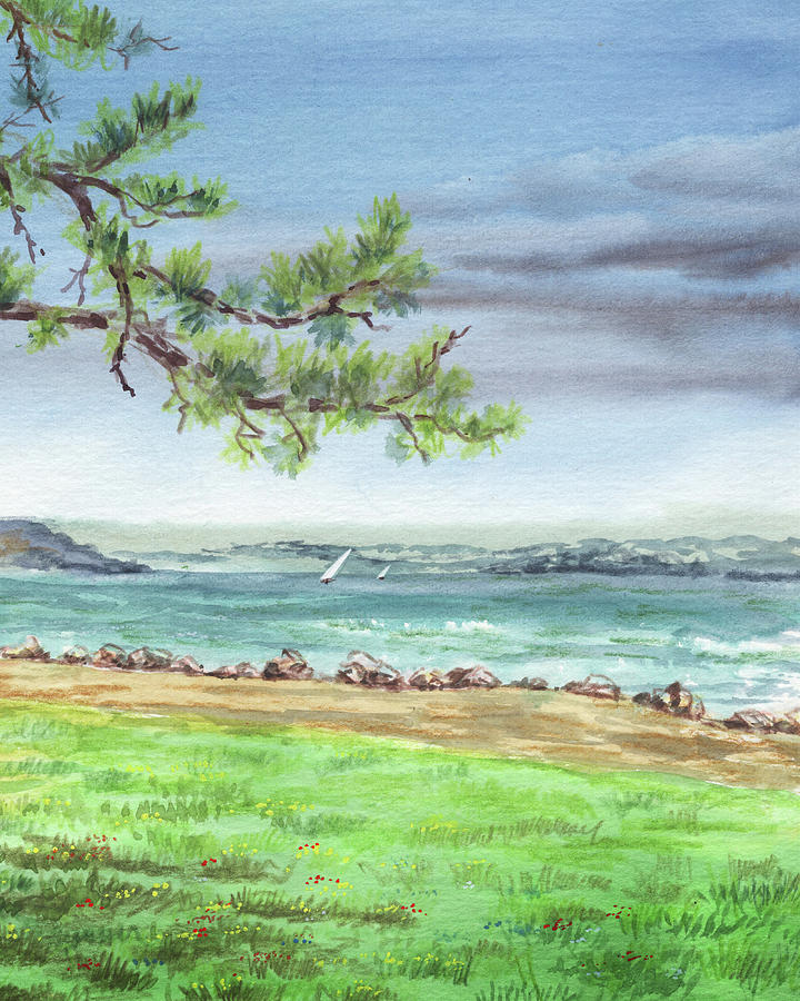 San Francisco Bay Shore Watercolour Landscape Painting by Irina Sztukowski