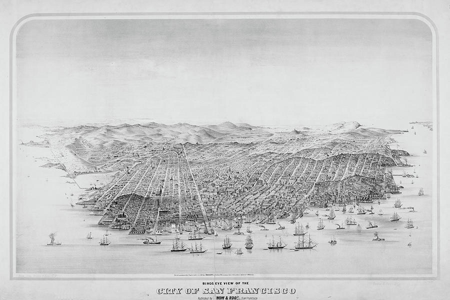San Francisco Birds Eye View Historical Map Black and White Digital Art by Toby McGuire