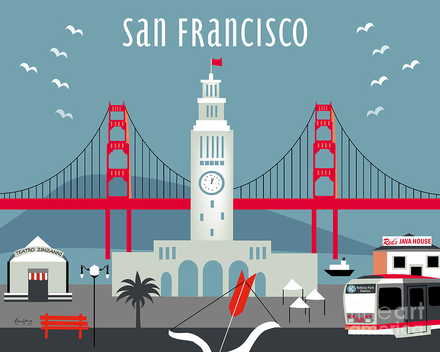 San Francisco Digital Art - San Francisco California Horizontal Skyline - Ferry Building by Karen Young