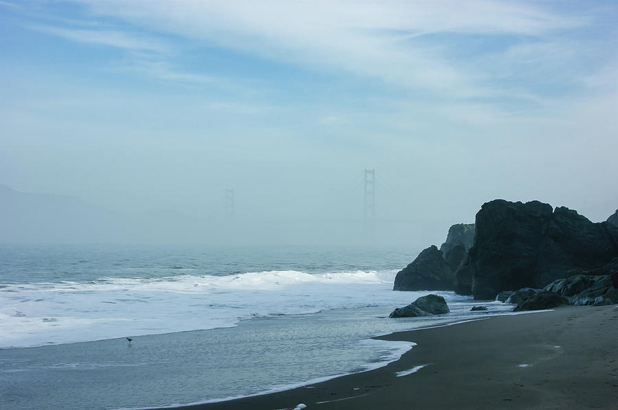 San Francisco Fog - Barely Discernible Golden Gate Bridge from China Beach Digital Art by Georgia Mizuleva