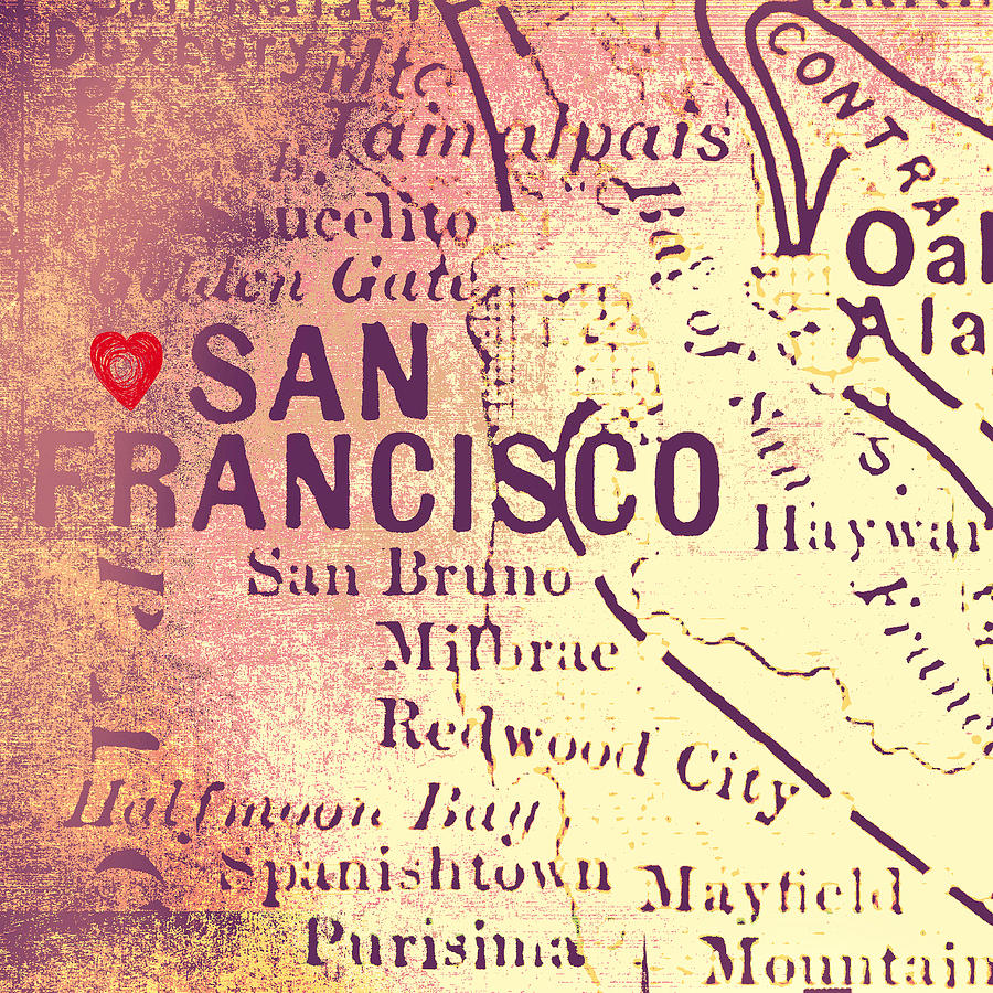 Map Digital Art - San Francisco Heart Map v4 by Brandi Fitzgerald