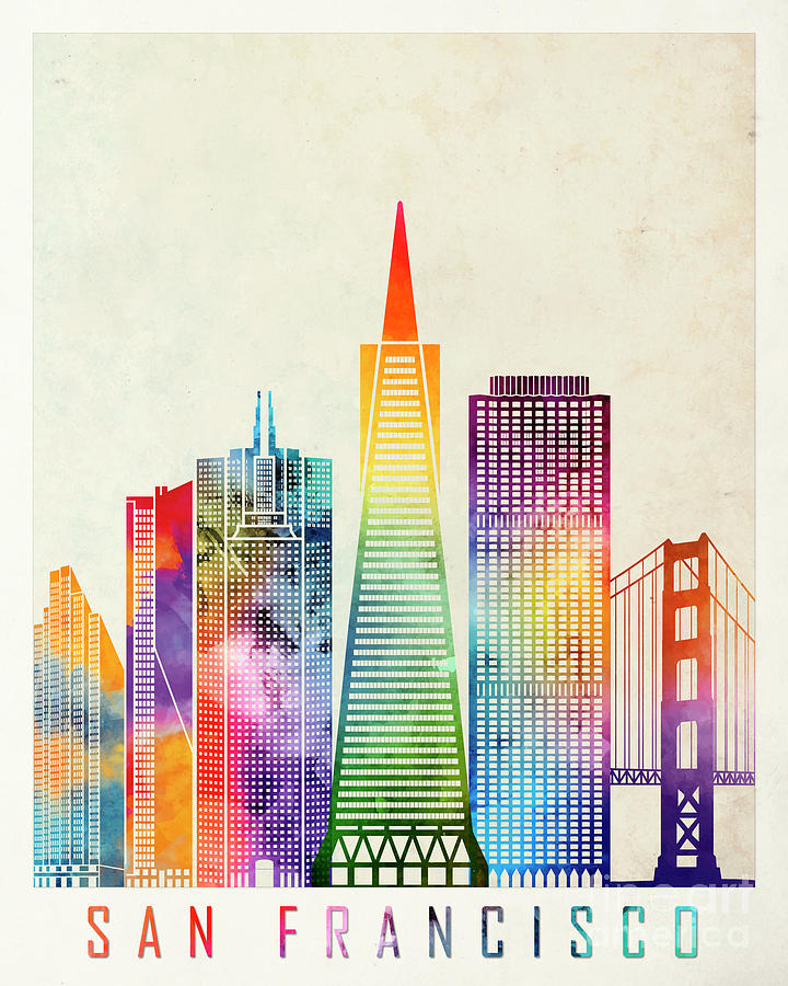 San Francisco landmarks watercolor poster Painting by Pablo Romero