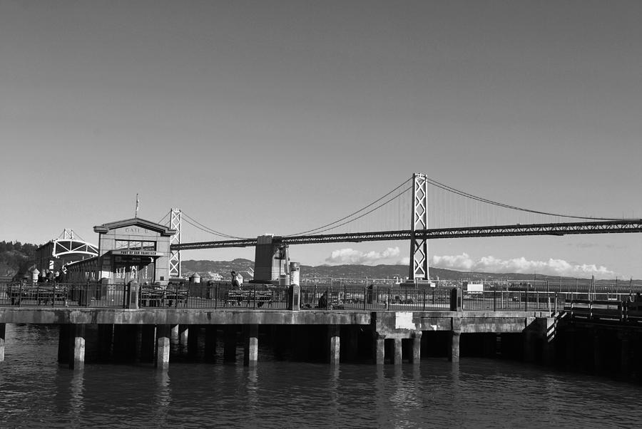 City Photograph - San Francisco - Oakland Bay Bridge - Black and White Pier View by Matt Quest